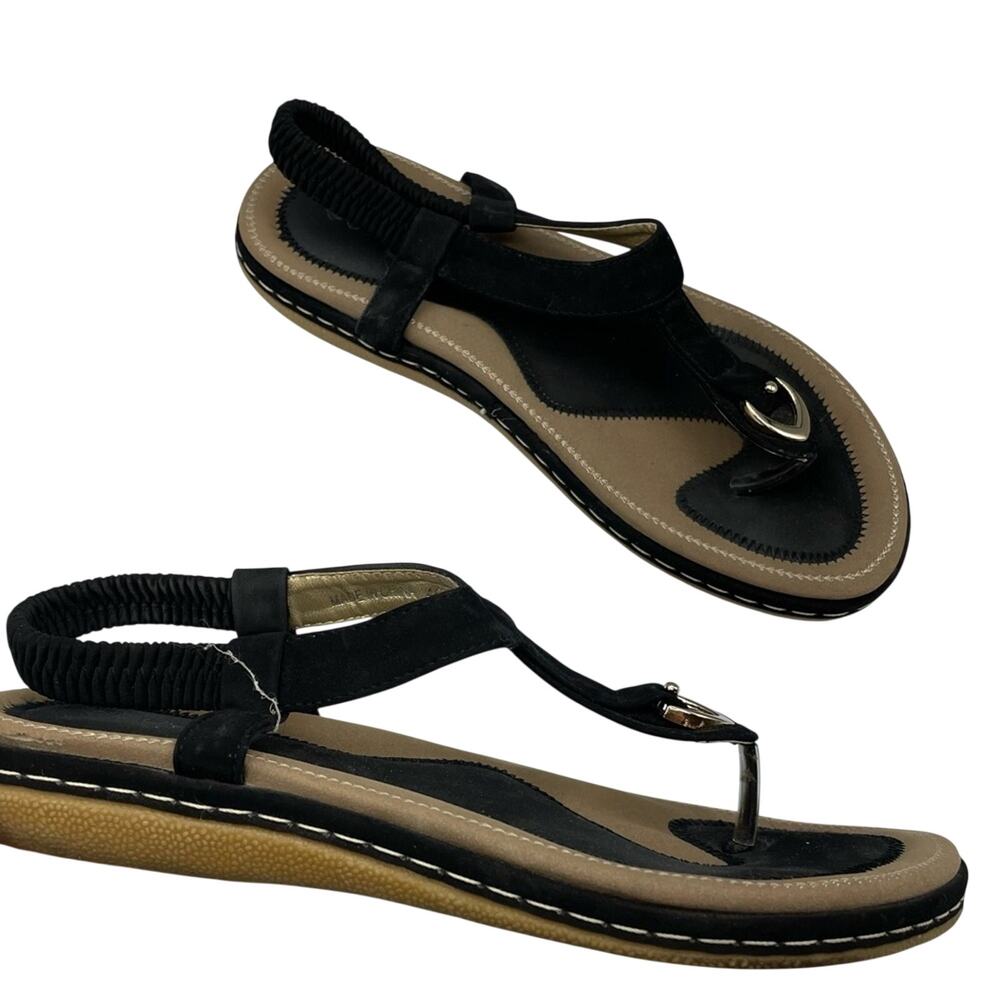 Socofy Black Leather Strappy Mini Wedge Sandals Womens 40 Thong Beach Vacation